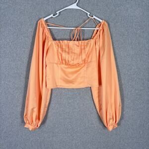 Dynamite Top Small Satin Peach‎ Smocked Puff Ruched Milkmaid Coquette Feminine